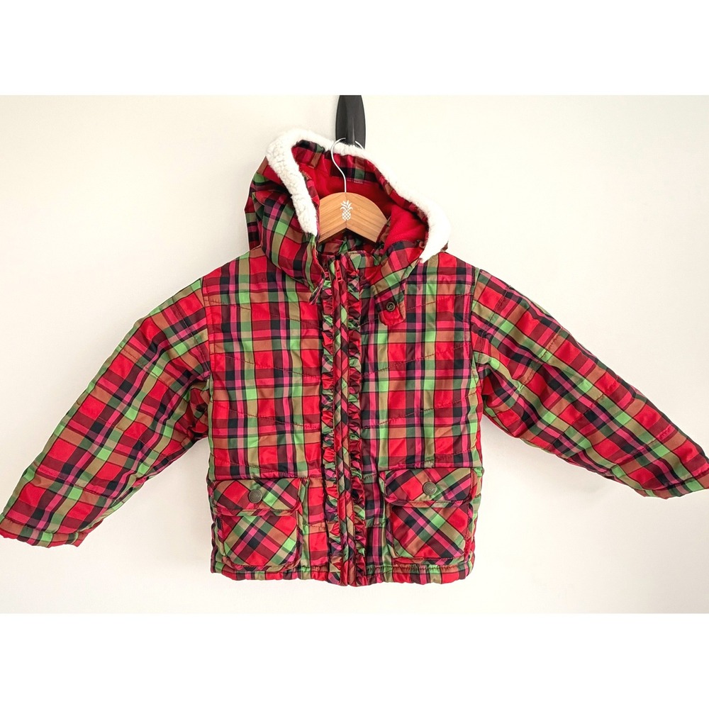 Baby Gap Girls Plaid Ruffle Hooded Puffer Jacket 4Y Red Green Preppy Sweater